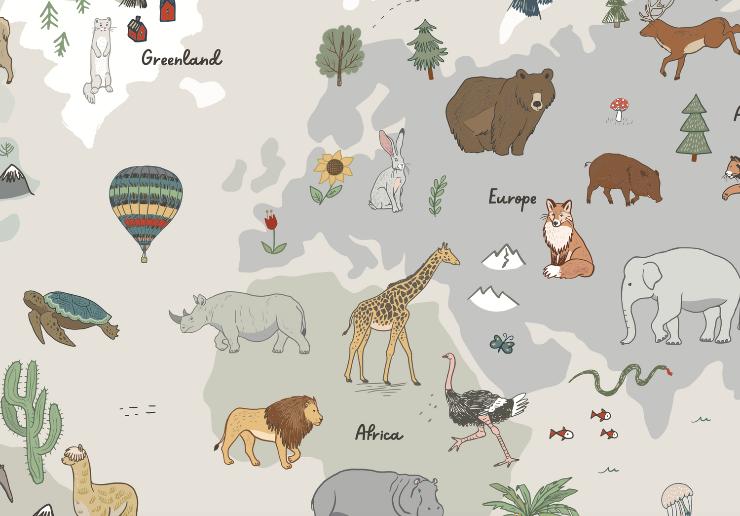 Discover the World Map Wallpaper Mural | Grey by munks and me, featuring an educational map of Europe and Africa with playful animals such as bears, rabbits, foxes, lions, giraffes, and rhinos. Enjoy geographical symbols like mountains and trees alongside a whimsical hot air balloon over the ocean.