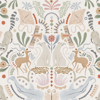 The Creatures Great and Small Wallpaper Repeat Pattern by munks and me features a symmetrical whimsical design with adorable animals, such as deer and cats, butterflies, leaves, and abstract floral patterns in soft pastels—ideal for nursery wallpaper.