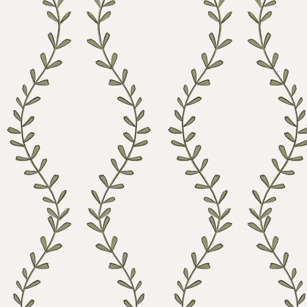 Munks and mes Vintage Vines Wallpaper Repeat Pattern showcases olive green leafy vines with hand-drawn details on a light beige background, forming elegant wavy vertical lines for a natural and refined look.