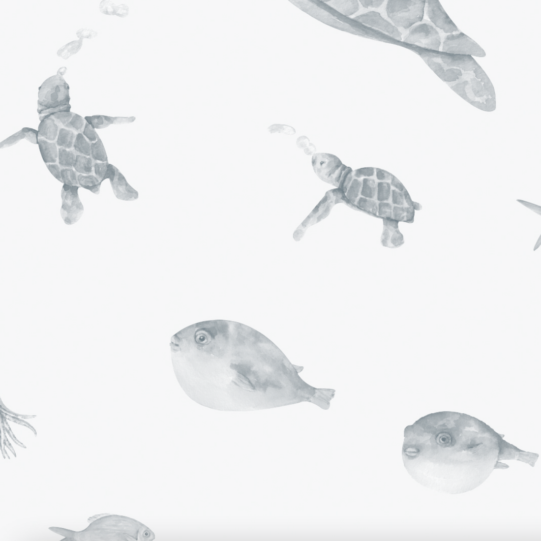 The Fish Tank Wallpaper Mural by munks and me showcases gray-painted sea creatures like turtles and fish on a white backdrop, spaced apart to mimic a serene ocean scene, with coral in the lower left corner.