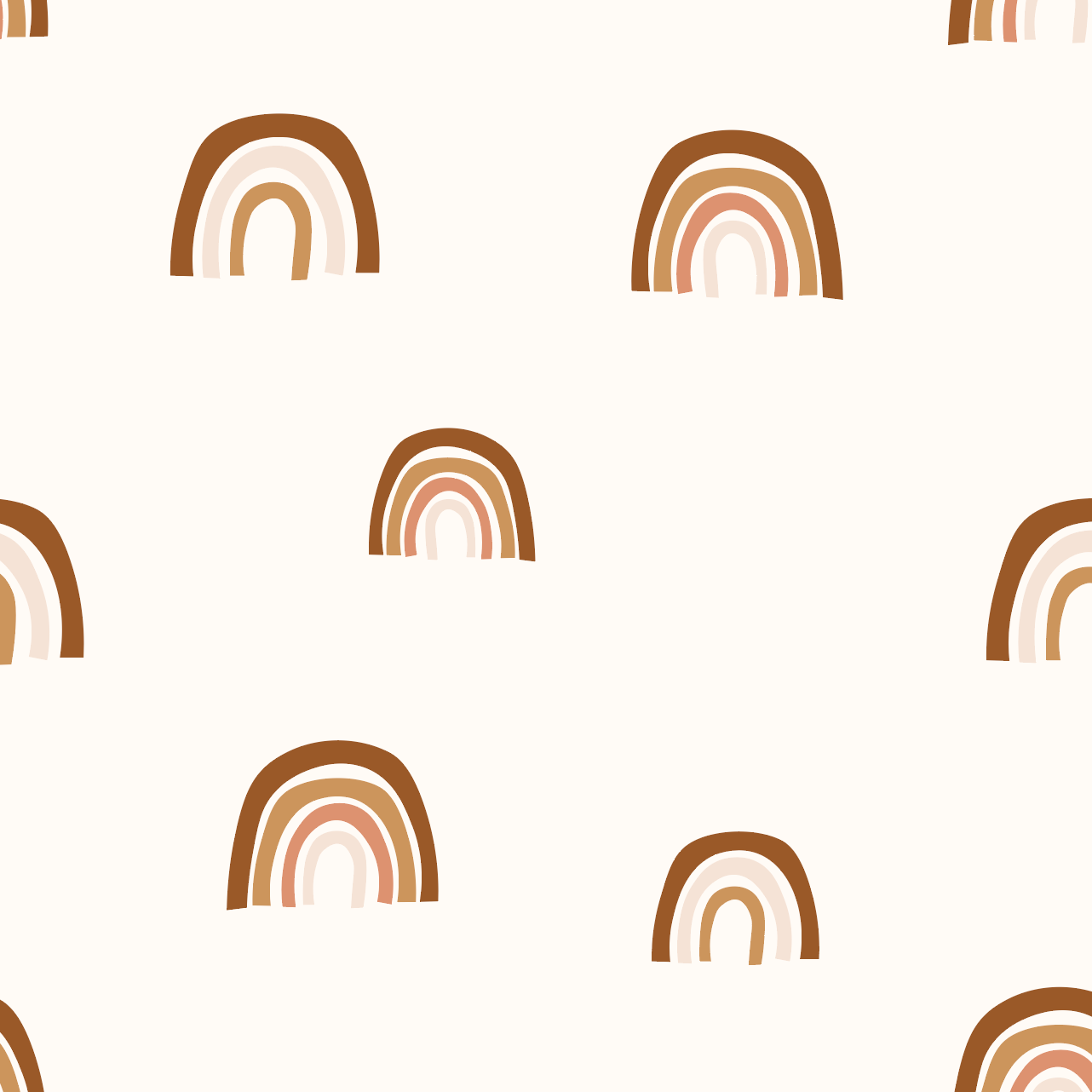 Introducing our Raining Rainbows Wallpaper Repeat Pattern, a premium design with minimalist rainbows in shades of brown, beige, and pink on a light cream background. The evenly spaced pattern adds elegance and harmony to any space.