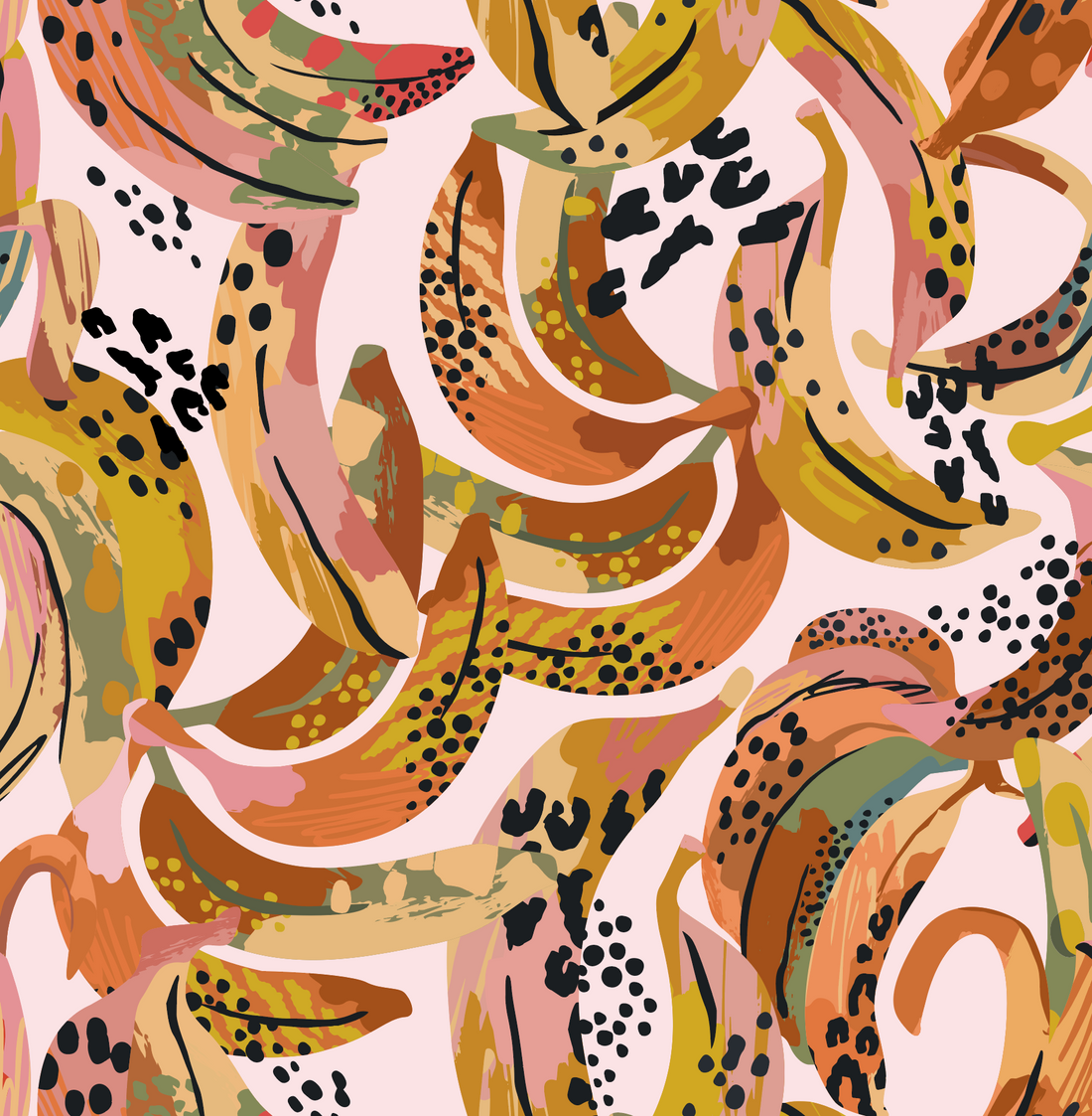 Introducing the munks and me Banana Party Wallpaper Repeat Pattern: a vibrant design featuring colorful banana peels in yellow, orange, pink, and green shades. Accented with black and pink spots on light pink, it adds a tropical, artistic vibe to any room.