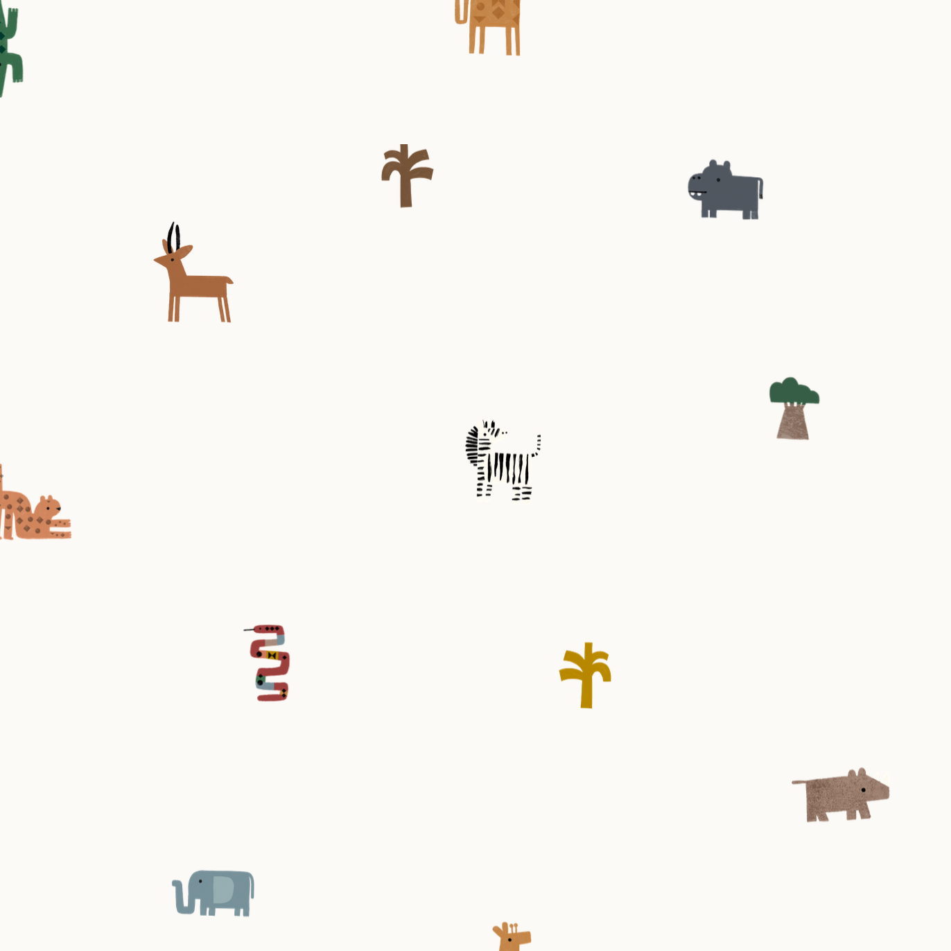 The Tiny Tracks Safari Wallpaper Repeat Pattern by munks and me showcases minimalist animal illustrations like zebra, gazelle, elephant, hippo, snake, lion, and giraffe among trees on a plain background in muted colors. Its evenly spaced design is perfect for childrens room decor.