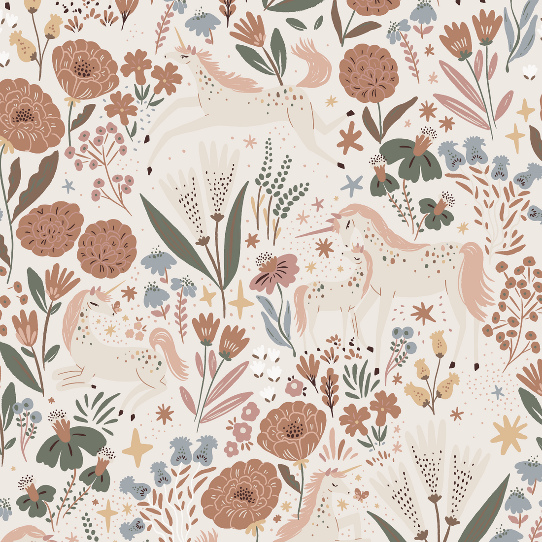 The Unicorn Meadow Wallpaper Cream Repeat Pattern by munks and me features unicorns amidst blooming flowers and leaves in enchanting earth tones of brown, green, and soft pink against a light background, adding an elegant feminine touch for a magical atmosphere.