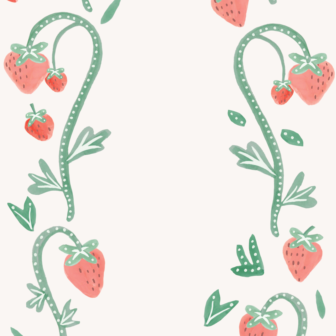 The Strawberry Stripes Wallpaper Repeat Pattern by munks and me features whimsical red strawberries on dotted vines with green leaves on a light peach background. Ideal for childrens rooms or nursery decor, it adds charm to any space.