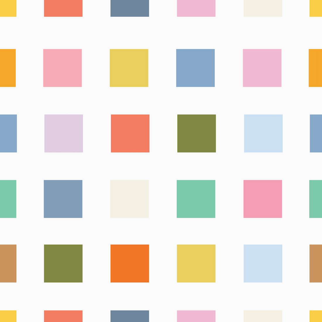 The Rainbow Squares Wallpaper Repeat Pattern showcases a colorful grid of evenly spaced pastel and bright squares—yellow, pink, blue, green, orange, and beige—on a crisp white background for a vibrant look.