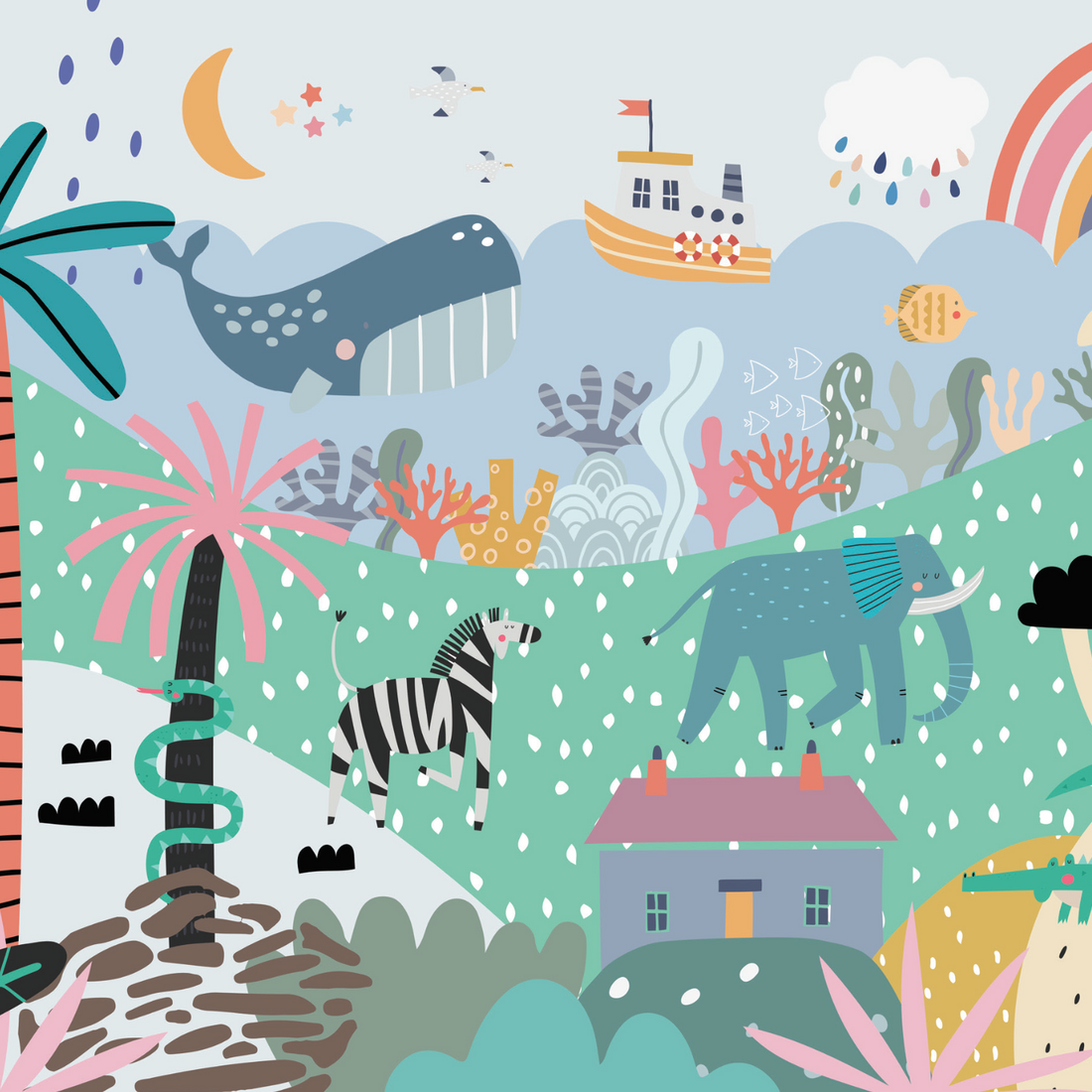The Wonderland Wallpaper Mural features a colorful, whimsical scene with animals, nature, a sky whale, zebra and elephant on green hills, coral, ship, palm trees, rainbow, house, and playful raindrops.