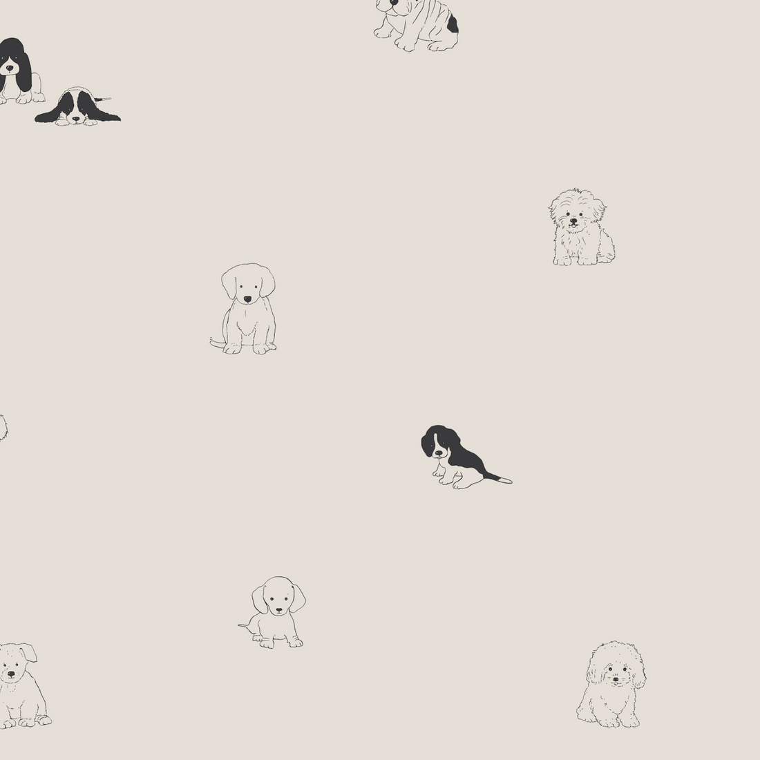 Puppy Dog Wallpaper Repeat Pattern features small cartoon puppies, both outlined and filled with black and brown, scattered across a light beige background—ideal for dog lovers.