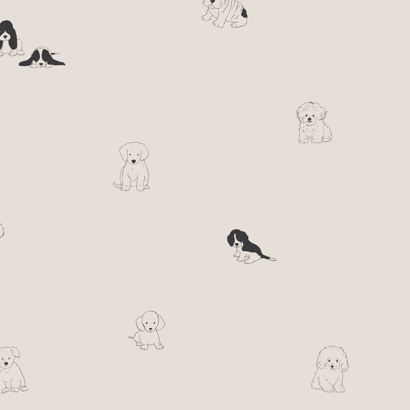 Puppy Dog Wallpaper Repeat Pattern features small cartoon puppies, both outlined and filled with black and brown, scattered across a light beige background—ideal for dog lovers.