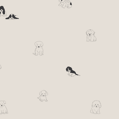 Puppy Dog Wallpaper Repeat Pattern features small cartoon puppies, both outlined and filled with black and brown, scattered across a light beige background—ideal for dog lovers.