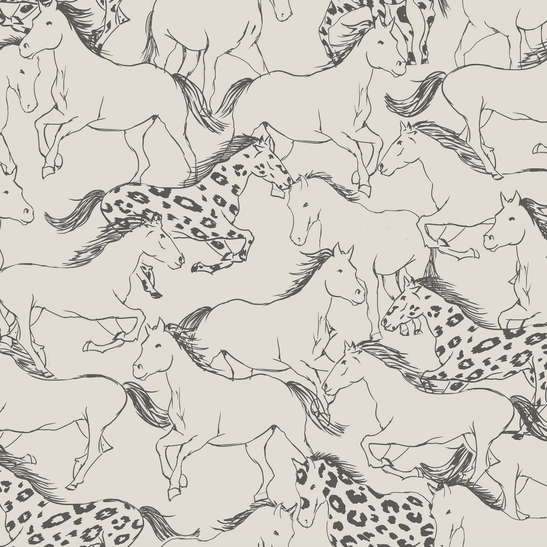 Sierra Horses Wallpaper Repeat Pattern features hand-drawn galloping horses, some with leopard-like spots, outlined in black on a light background—ideal as premium wallpaper for childrens rooms or nurseries.