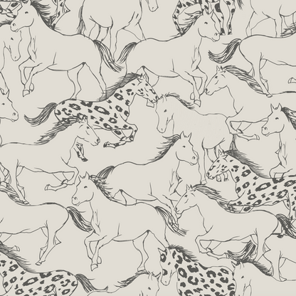 Sierra Horses Wallpaper Repeat Pattern features hand-drawn galloping horses, some with leopard-like spots, outlined in black on a light background—ideal as premium wallpaper for childrens rooms or nurseries.