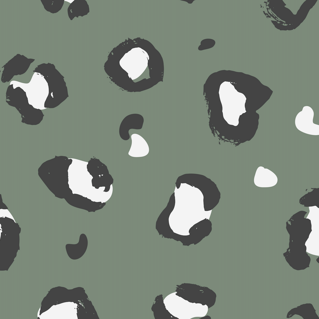 Leopard Print Wallpaper, Sage features an abstract leopard pattern with irregular black and white spots on a muted green background, adding a bold, trendy touch to modern home decor. Perfect for creating animal-inspired sage wallpaper accents.