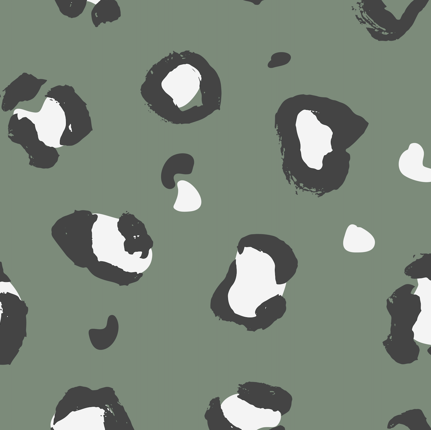 Leopard Print Wallpaper Repeat Pattern | Sage features irregular black and white spots on a muted sage background, creating a hand-painted, textured look that adds bold style to any home decor.