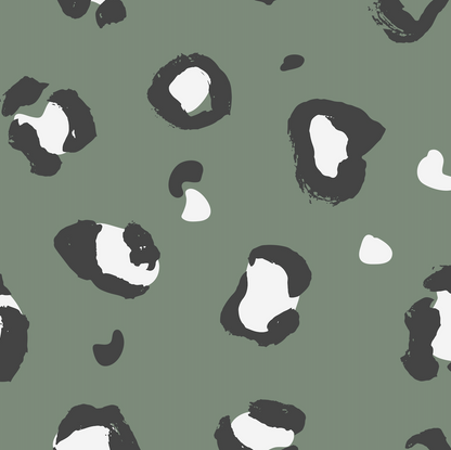 Leopard Print Wallpaper Repeat Pattern | Sage features irregular black and white spots on a muted sage background, creating a hand-painted, textured look that adds bold style to any home decor.
