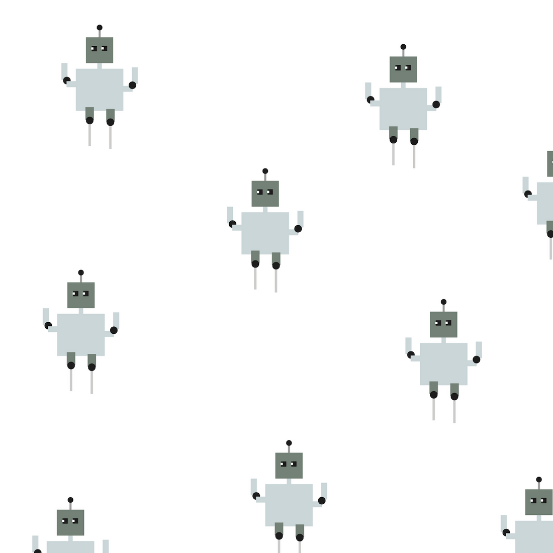 The Robots Wallpaper | Sample features a repeating pattern of simple cartoon robots with gray square heads, light gray bodies, and black antennae on a white background, adding playful color to any space.