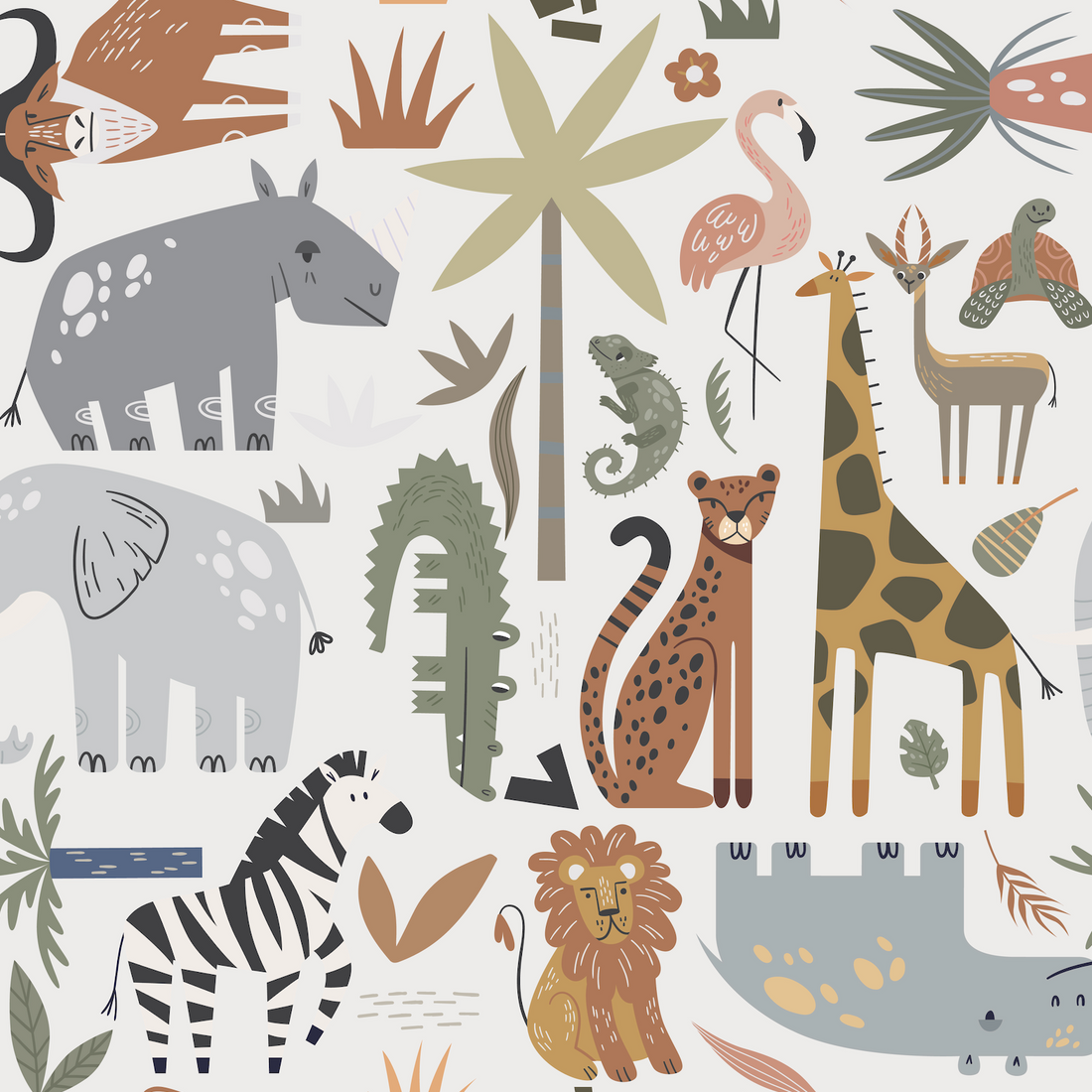 The Safari Tetris Wallpaper Repeat Pattern features wild animals like lions, zebras, and giraffes amid tropical plants and abstract shapes on a white background—ideal for nursery walls and printed with non-toxic ink.