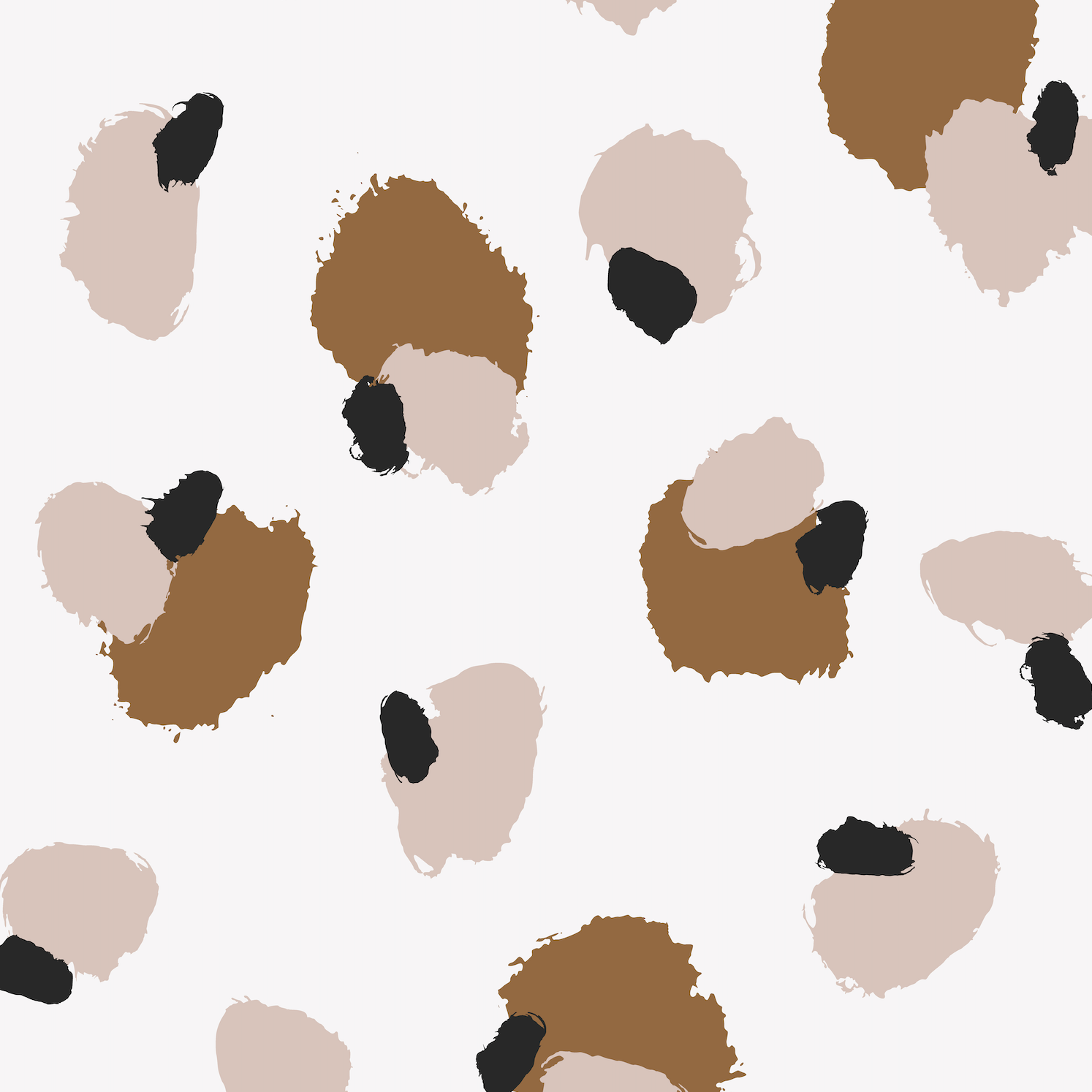 Harry Leopard Print Wallpaper Repeat Pattern features abstract beige, brown, and black brushstroke spots on white, creating a whimsical leopard print—ideal for playful home decor accents with touches of brown and pink.