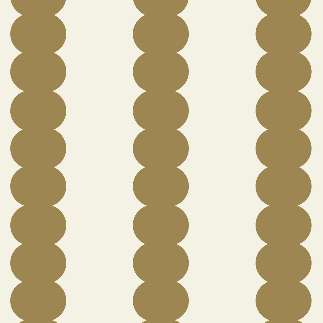 Vertical stripes of overlapping brown circles on a light beige background form a repeating pattern, perfect as Scallop Stripe Wallpaper Moss to create a cozy nursery.