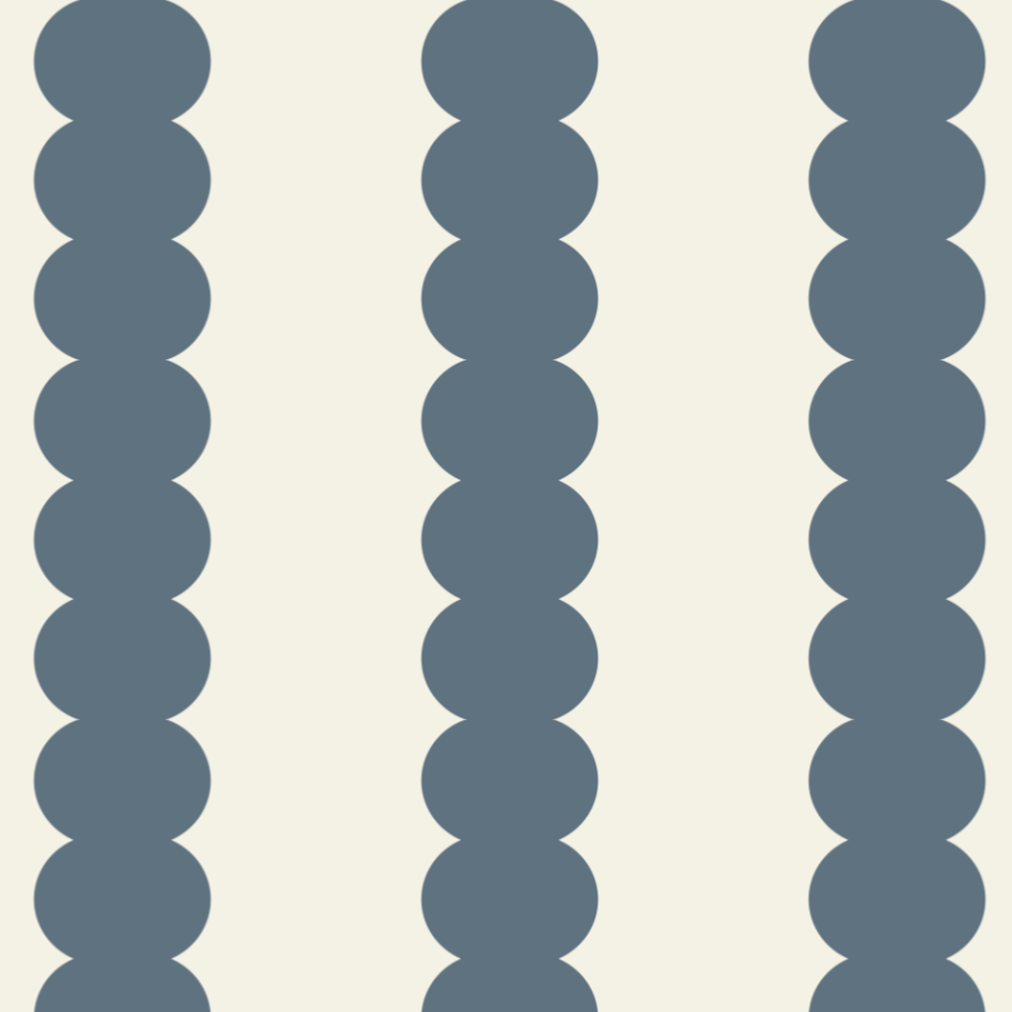 Vertical rows of overlapping blue-gray circles form three columns on an off-white background, creating the Scallop Stripe Wallpaper Deep Blue—ideal for a soothing palette and gentle nursery atmosphere.