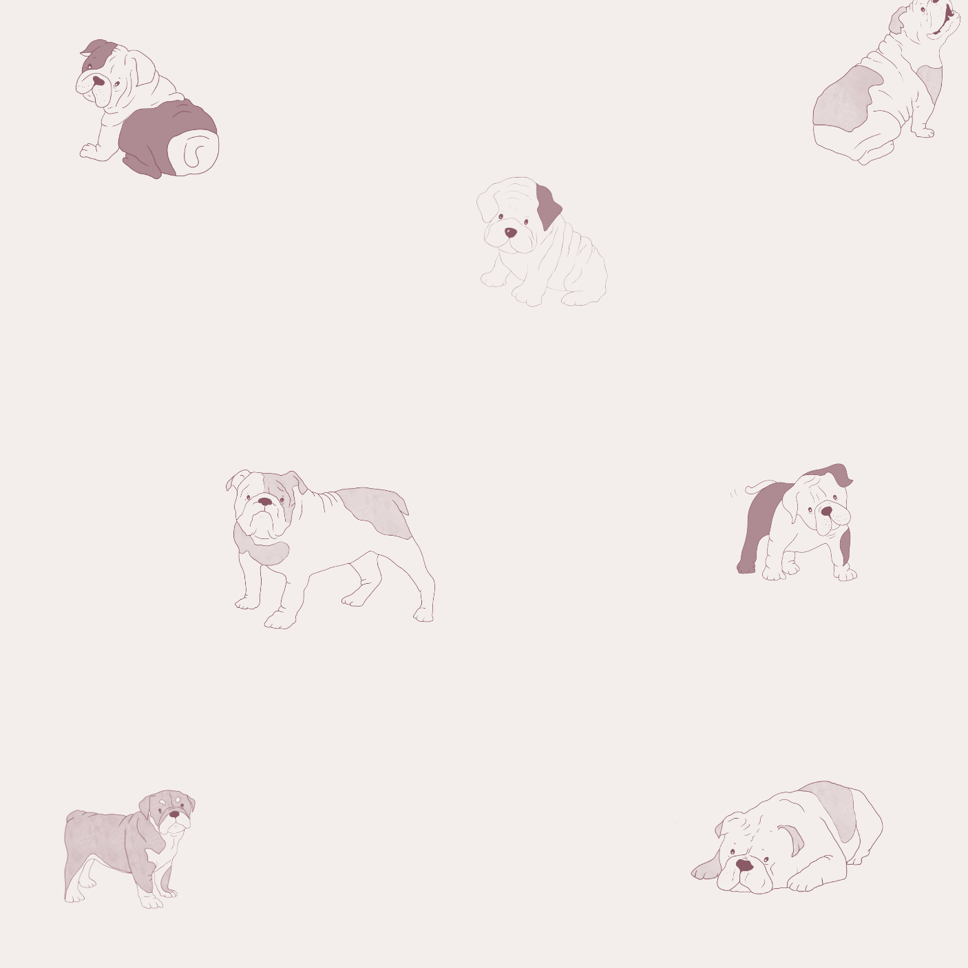 The Ruffles Bull Dog Wallpaper Repeat Pattern | Rose features illustrated bulldogs in soft pink and beige tones on a light background—perfect as charming dog print wallpaper for unique home decor.