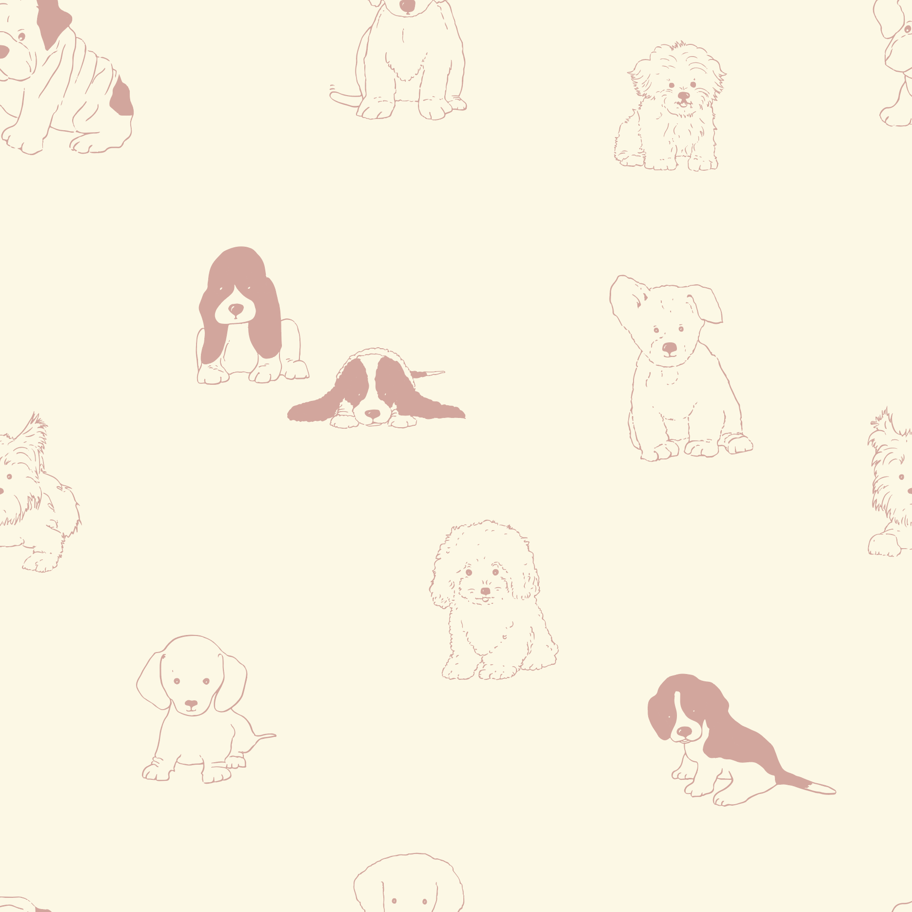The Custom Puppy Dog Wallpaper Repeat Pattern | Rose showcases simple, light brown puppy line drawings, including a bulldog, on a cream background—an adorable, seamless design to add charm to any home decor.