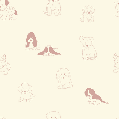 The Custom Puppy Dog Wallpaper Repeat Pattern | Rose showcases simple, light brown puppy line drawings, including a bulldog, on a cream background—an adorable, seamless design to add charm to any home decor.
