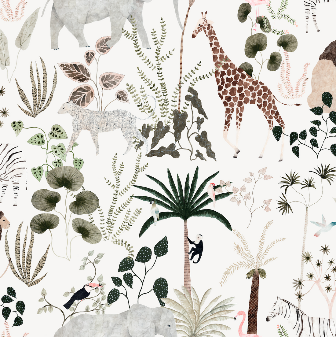 Featuring a charming repeat pattern of giraffes, elephants, monkeys, birds, zebras, palm trees, and lush foliage in soft colors on white, Jungle Dreams Wallpaper Repeat Pattern adds a whimsical touch to any space.