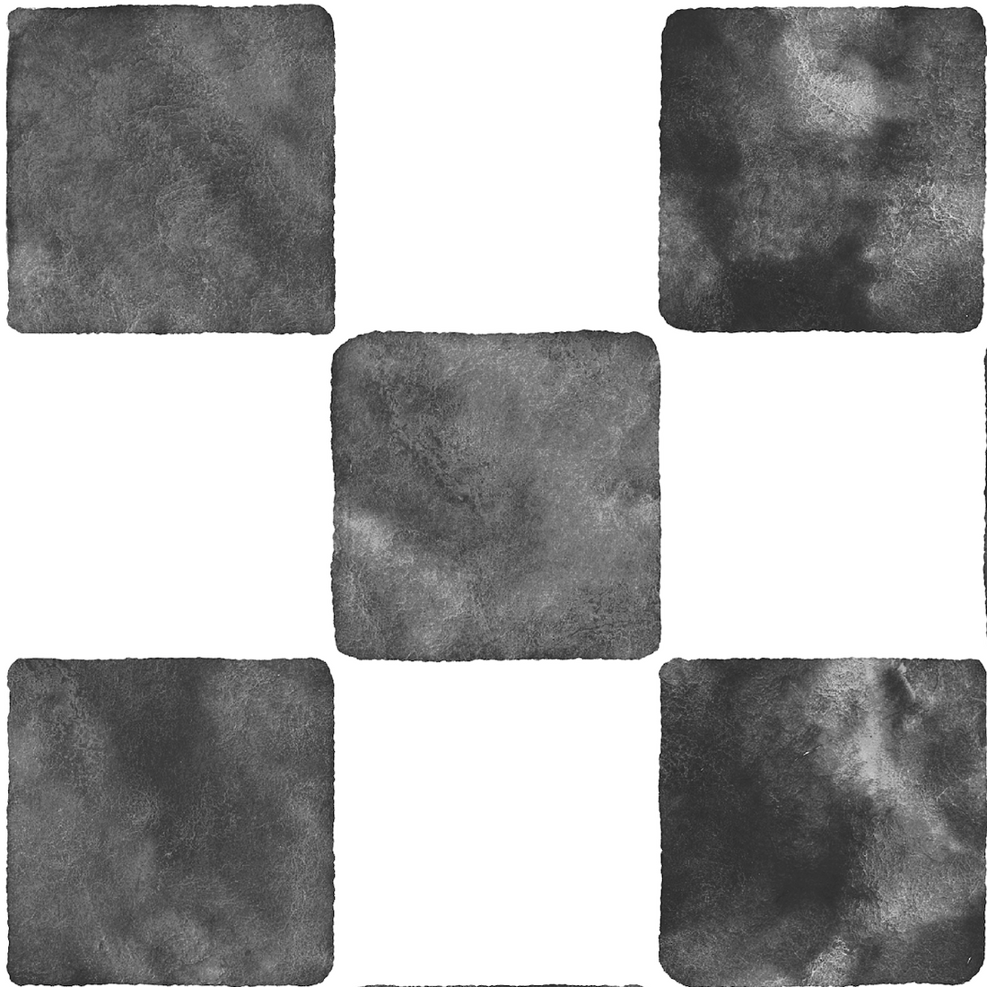 Billys Checkered Wallpaper Repeat Pattern | Black features six textured, dark gray squares with rounded corners arranged in a cross shape on a white background for a striking, character-filled look.