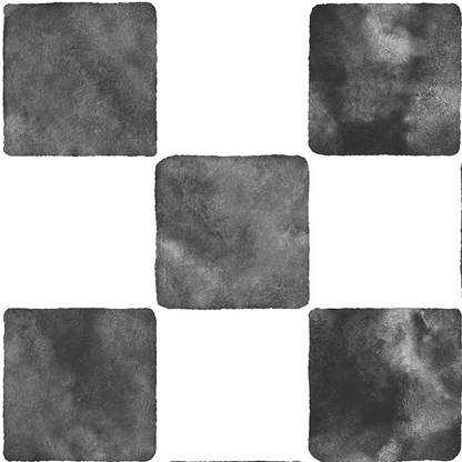 Billys Checkered Wallpaper Repeat Pattern | Black features six textured, dark gray squares with rounded corners arranged in a cross shape on a white background for a striking, character-filled look.