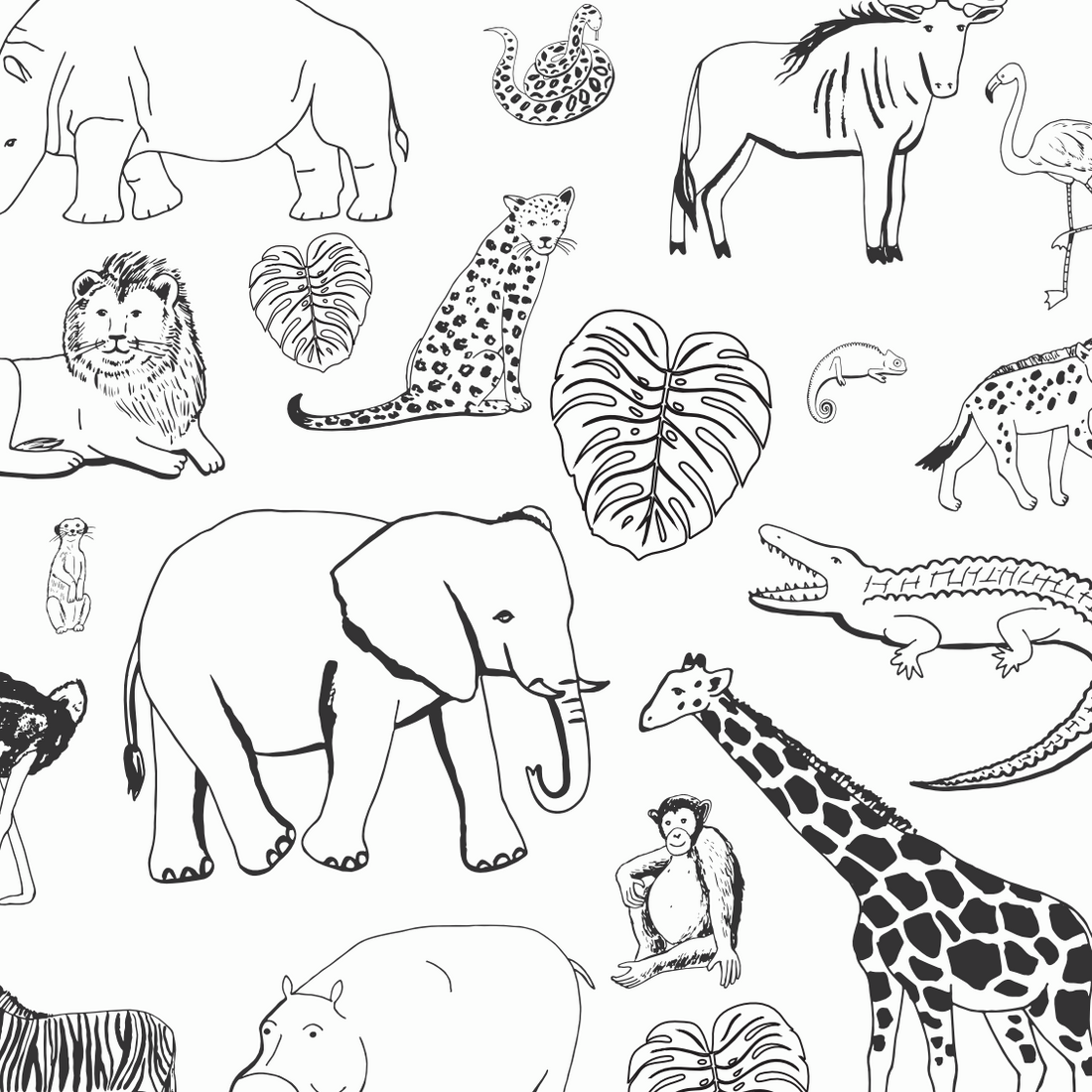 The Going On Safari Wallpaper Repeat Pattern features black and white line drawings of animals and leafy plants in a seamless design, ideal for nursery decor or as a playful accent in any kids’ room.