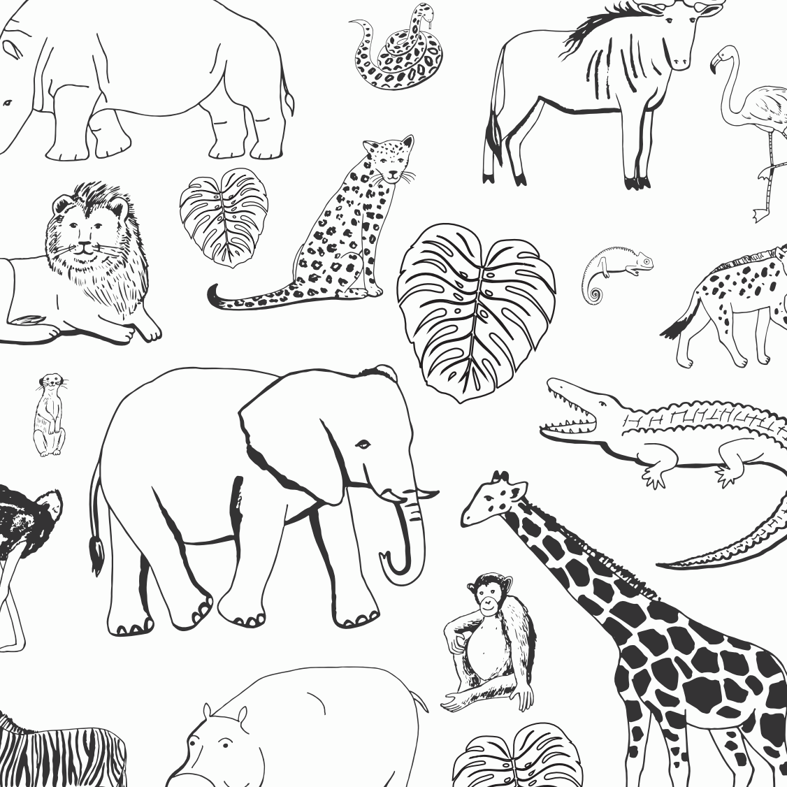 The Going On Safari Wallpaper Repeat Pattern features black and white line drawings of animals and leafy plants in a seamless design, ideal for nursery decor or as a playful accent in any kids’ room.