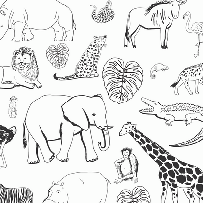 The Going On Safari Wallpaper Repeat Pattern features black and white line drawings of animals and leafy plants in a seamless design, ideal for nursery decor or as a playful accent in any kids’ room.