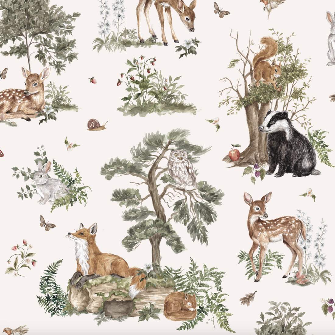 The Tales Beneath The Trees Wallpaper Repeat Pattern Cream features a light background with hand-drawn woodland animals—deer, fox, badger—and delicate botanical elements for a nature-inspired look.