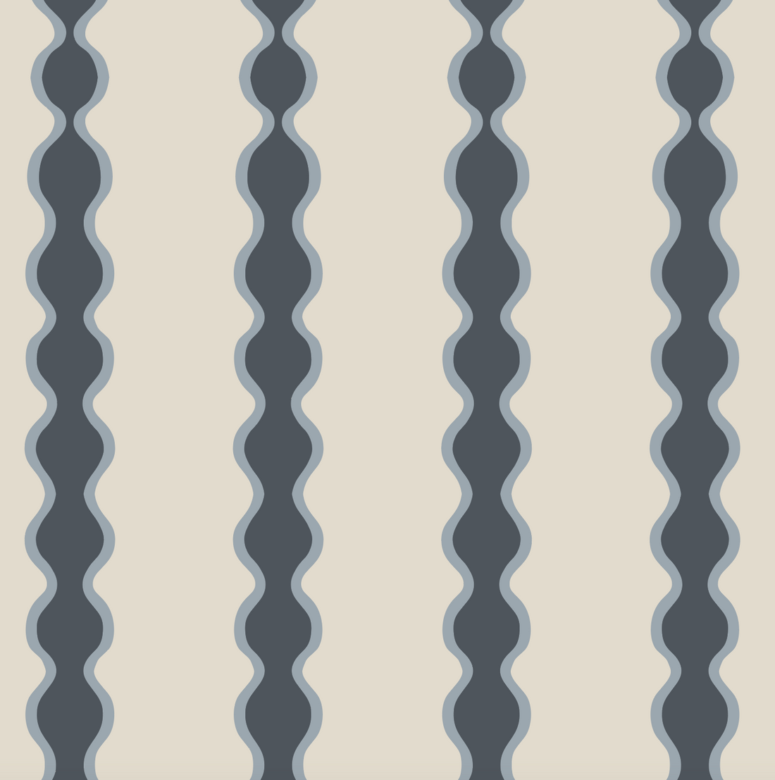 Little Abacus Stripe Denim features a seamless pattern of wavy, vertical dark gray and light blue stripes on a cream background—a timeless design ideal for nursery decor and adding visual rhythm to any space.