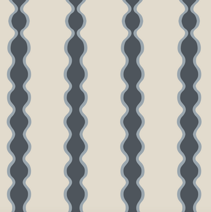 Little Abacus Stripe Denim features a seamless pattern of wavy, vertical dark gray and light blue stripes on a cream background—a timeless design ideal for nursery decor and adding visual rhythm to any space.