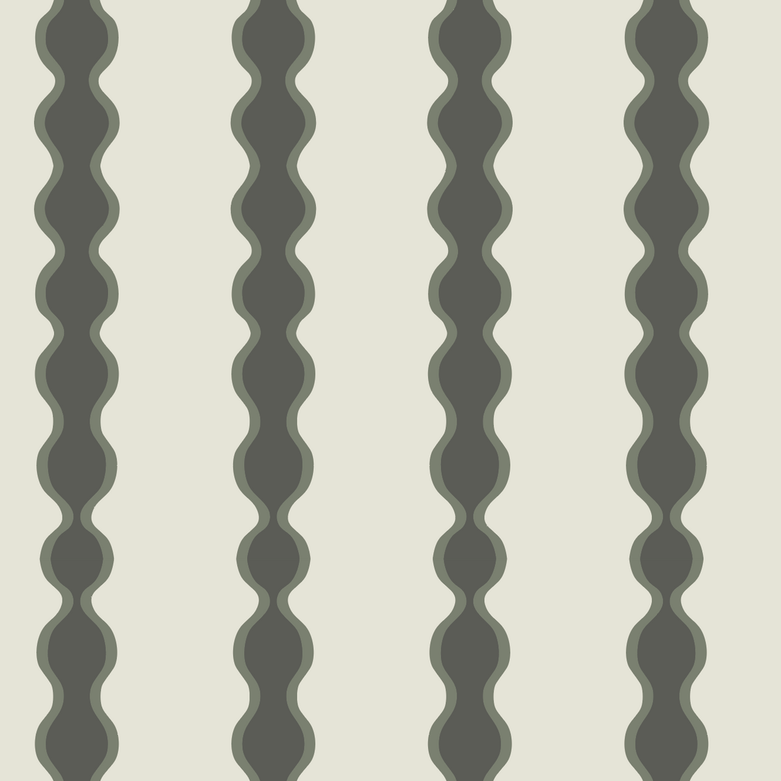 Little Abacus Stripe Forest: Modern nursery wallpaper with calming vertical wavy dark gray stripes, light gray borders, and a beige background—perfect for chic, soothing decor.