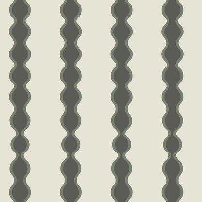 Little Abacus Stripe Forest: Modern nursery wallpaper with calming vertical wavy dark gray stripes, light gray borders, and a beige background—perfect for chic, soothing decor.