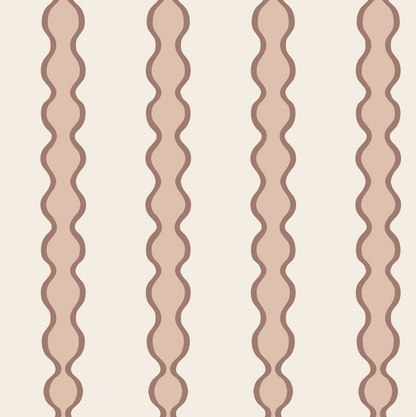 Little Abacus Stripe Rose features a seamless pattern of vertical wavy brown stripes on light beige, offering a simple, retro-inspired look ideal for nursery decor or any space seeking timeless style.