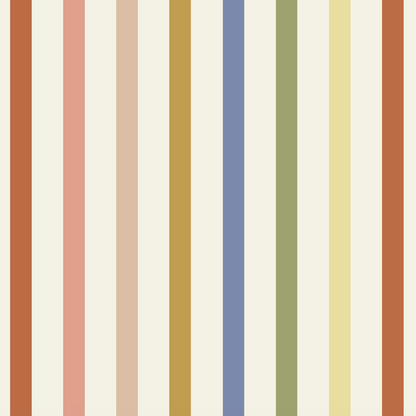 Pico Stripe Wallpaper Multi features evenly spaced vertical stripes in muted colors on a light background, offering a soft, retro-inspired touch that&