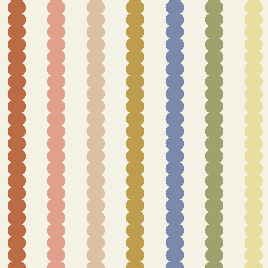 The Mini Scallop Stripe Wallpaper Repeat Pattern | Multi features vertical rows of evenly spaced circles in brown, pink, yellow, blue, green, and light yellow on beige—ideal multicolour wallpaper for children&