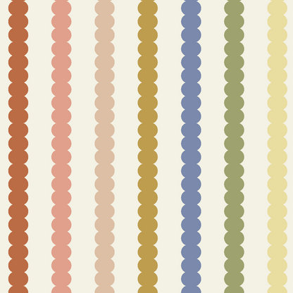 The Mini Scallop Stripe Wallpaper Repeat Pattern | Multi features vertical rows of evenly spaced circles in brown, pink, yellow, blue, green, and light yellow on beige—ideal multicolour wallpaper for children&
