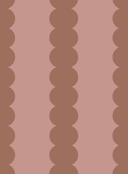 Scallop Stripe Wallpaper Toffee Rose features seamless vertical wavy brown lines on a pale pink background, creating a soft, retro look—ideal for cozy nurseries or as a stylish accent wall.