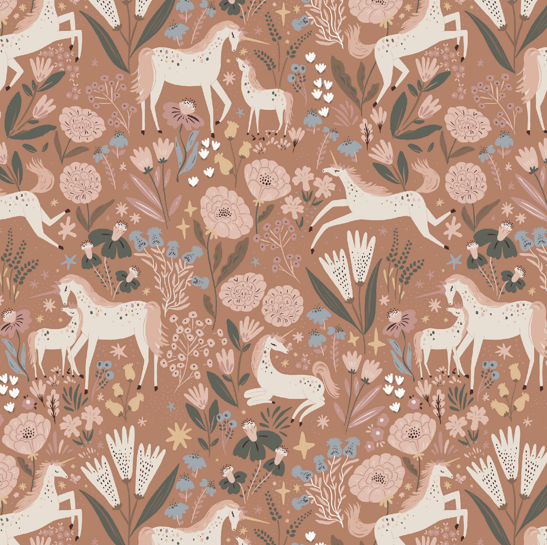 Unicorn Meadow Wallpaper Toffee Rose | Sample features cream unicorns in playful poses amid hand-drawn flowers and plants on a dusty pink background, showcasing whimsical charm with detailed foliage and floral accents.