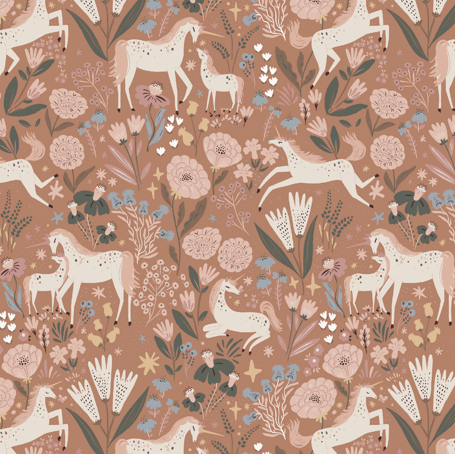 Unicorn Meadow Wallpaper Toffee Rose | Sample features cream unicorns in playful poses amid hand-drawn flowers and plants on a dusty pink background, showcasing whimsical charm with detailed foliage and floral accents.