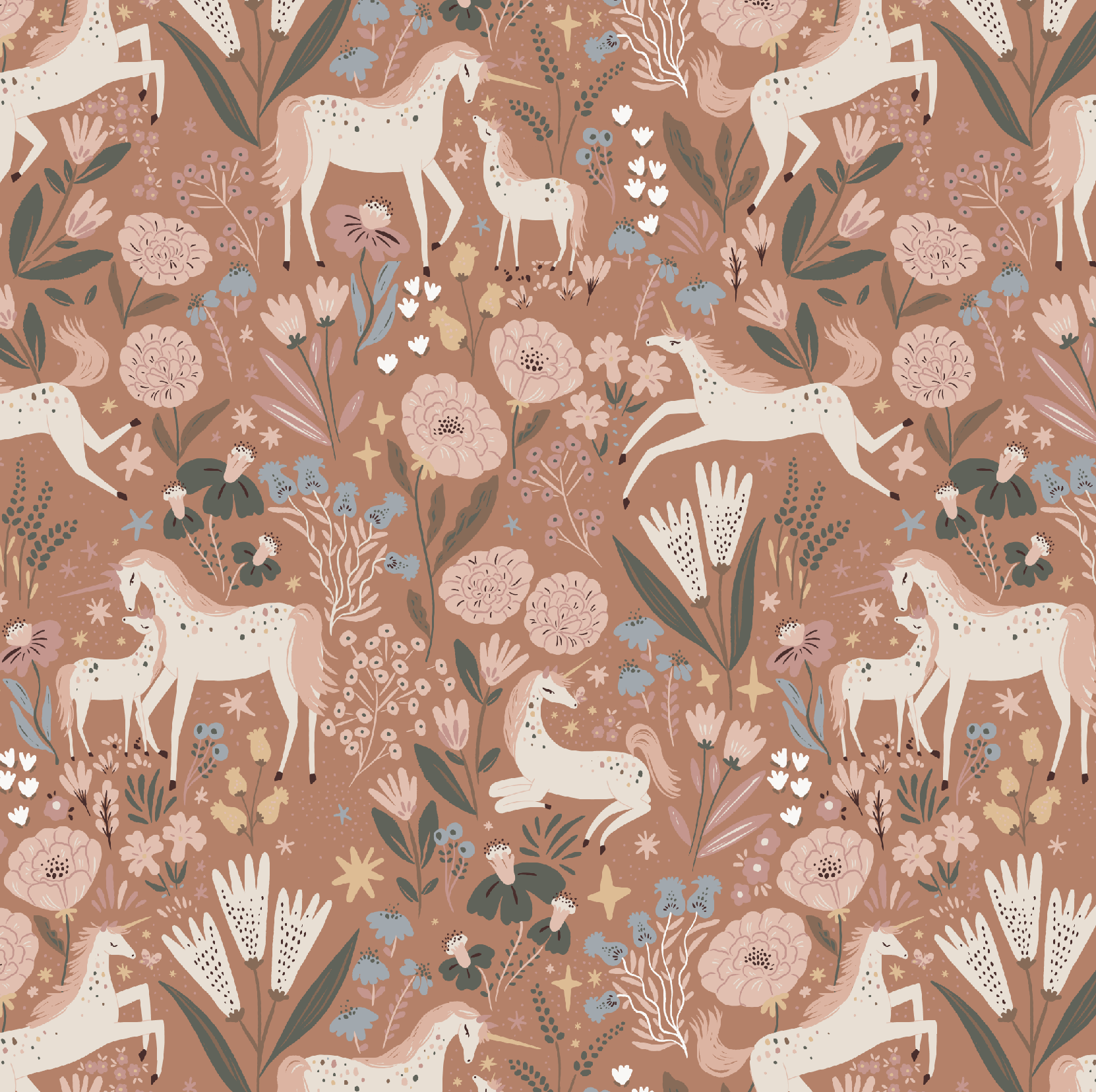 Unicorn Meadow Wallpaper Toffee Rose | Sample features cream unicorns in playful poses amid hand-drawn flowers and plants on a dusty pink background, showcasing whimsical charm with detailed foliage and floral accents.