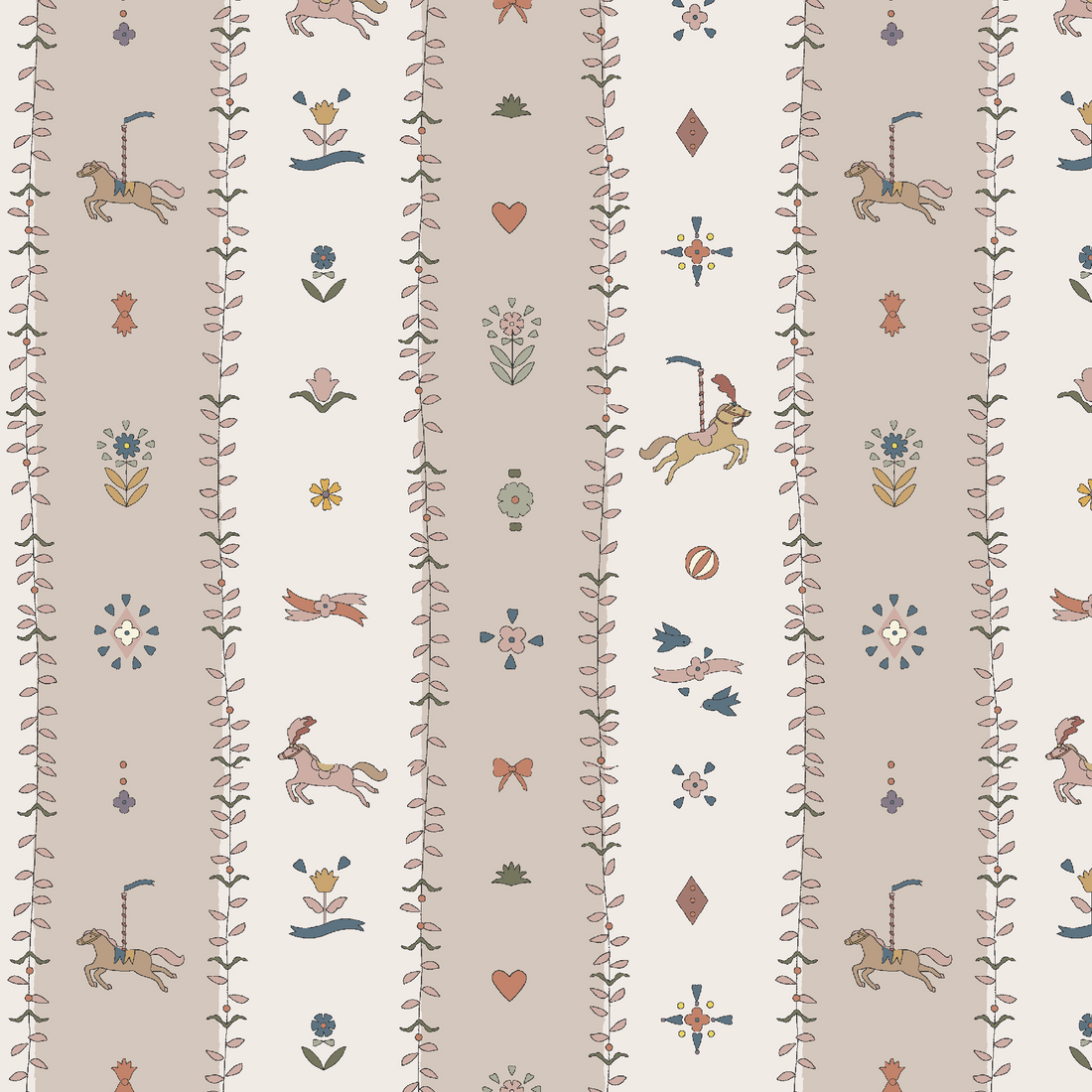 The Little Carousel Stripe Wallpaper, Rose features carousel horses, flowers, hearts, birds, bows, and geometric shapes in soft pastel tones on a cream and beige background—perfect for adding vintage circus charm to a nursery.