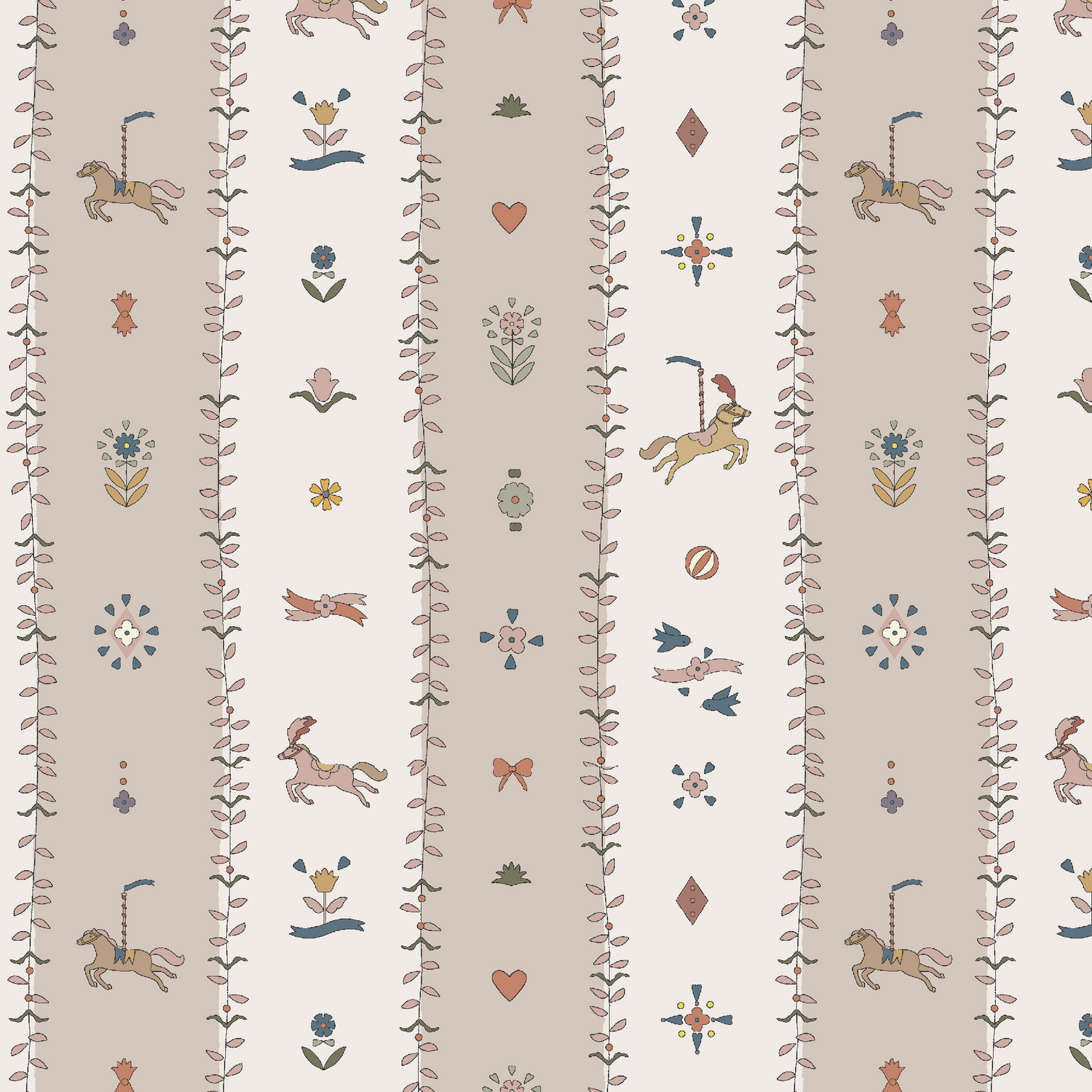 The Little Carousel Stripe Wallpaper, Rose features carousel horses, flowers, hearts, birds, bows, and geometric shapes in soft pastel tones on a cream and beige background—perfect for adding vintage circus charm to a nursery.