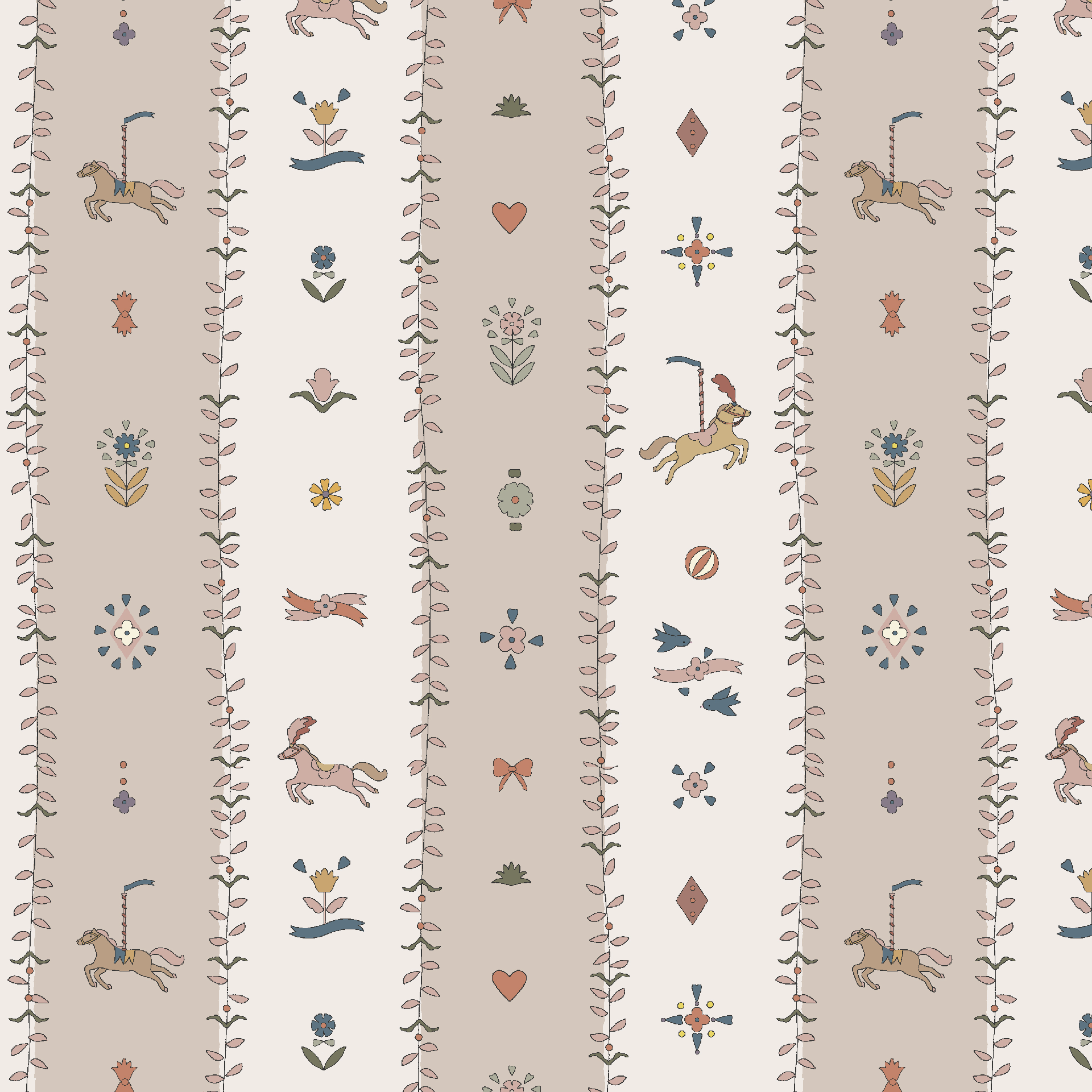 The Little Carousel Stripe Wallpaper, Rose features carousel horses, flowers, hearts, birds, bows, and geometric shapes in soft pastel tones on a cream and beige background—perfect for adding vintage circus charm to a nursery.