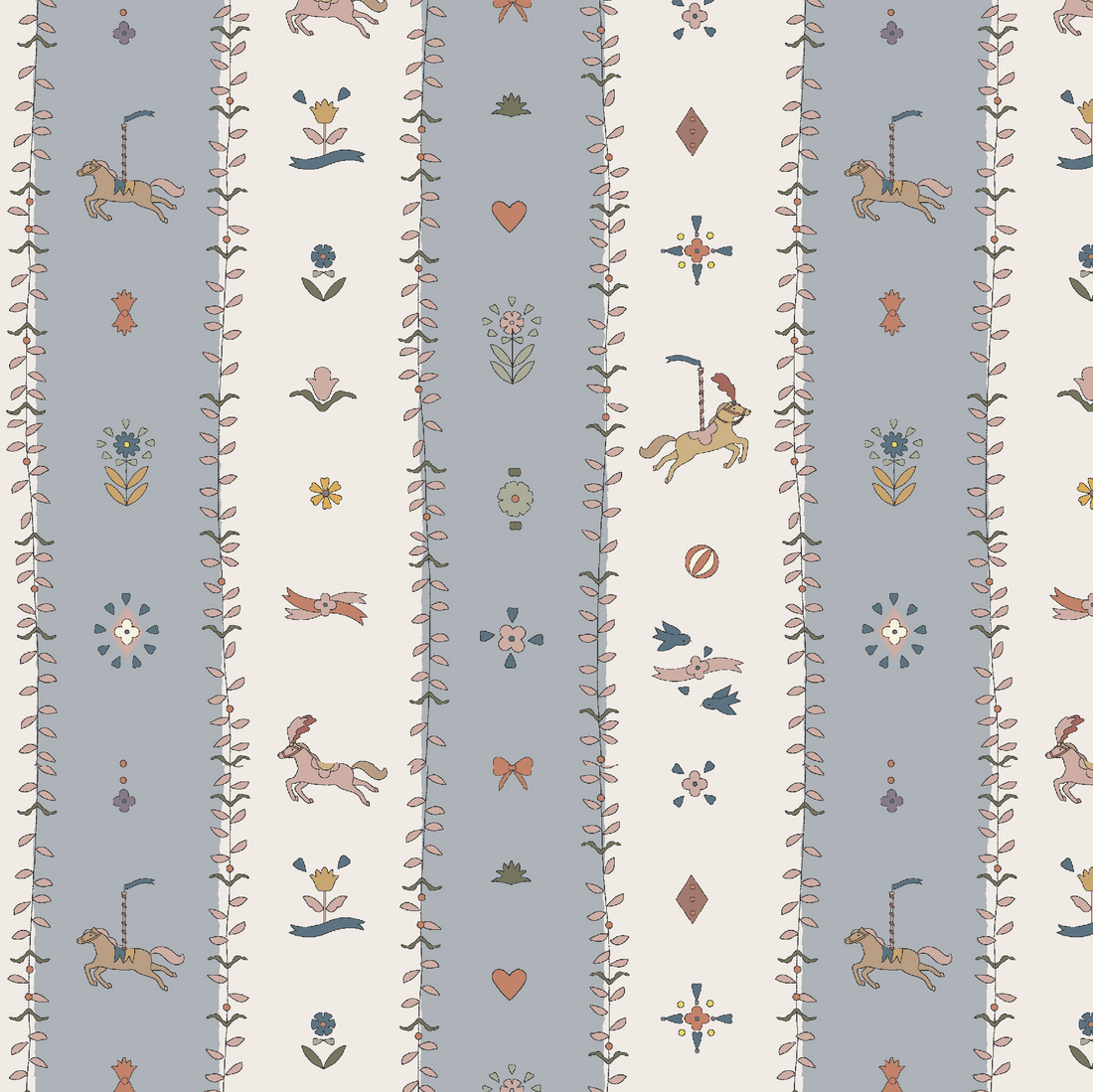 The Little Carousel Stripe Wallpaper, Blue features alternating blue and cream stripes with playful horses, rabbits, birds, florals, hearts, and geometric shapes in soft pastels—ideal for bringing vintage circus charm to a nursery or playroom.